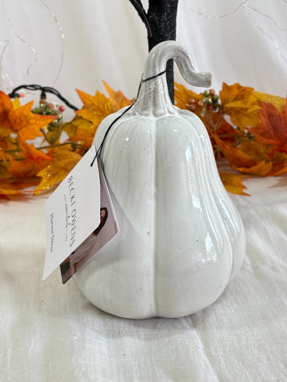 Becki Owens Terracotta White Glaze Halloween Harvest Pumpkin Gourd Home Decor 8"